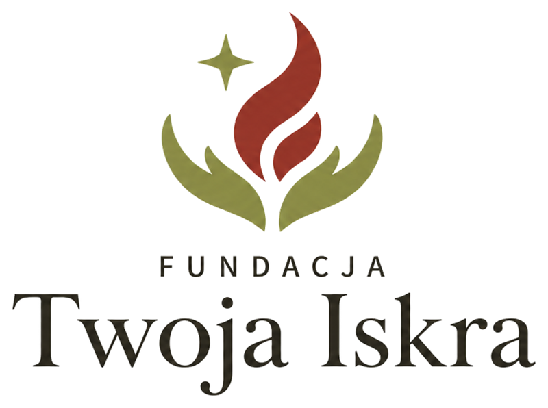 Logo Fundacji Twoja Iskra: płomień w dłoniach z iskrą